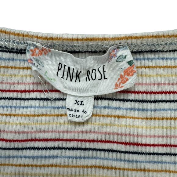 PINK ROSE Rainbow Stripe Ribbed Crop Button Up Baby Tee Size XL Cotton Stretch - Picture 6 of 9